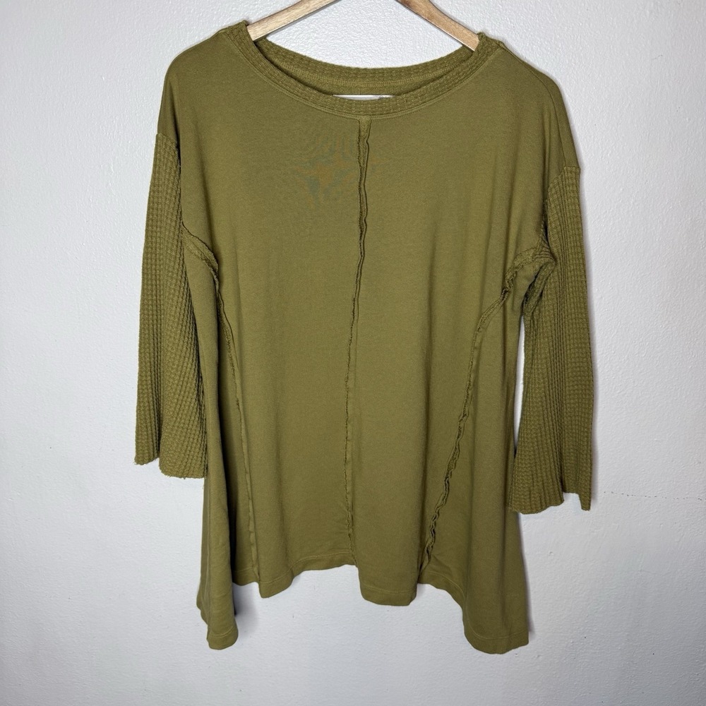 M‎ Rena Green Boho Tunic Top Shirt 3/4 Waffle Sleeves Womens Medium/Large